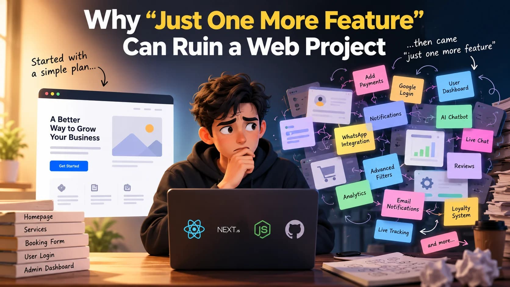 Developer managing scope creep as extra website features turn a simple web project into a complex product.