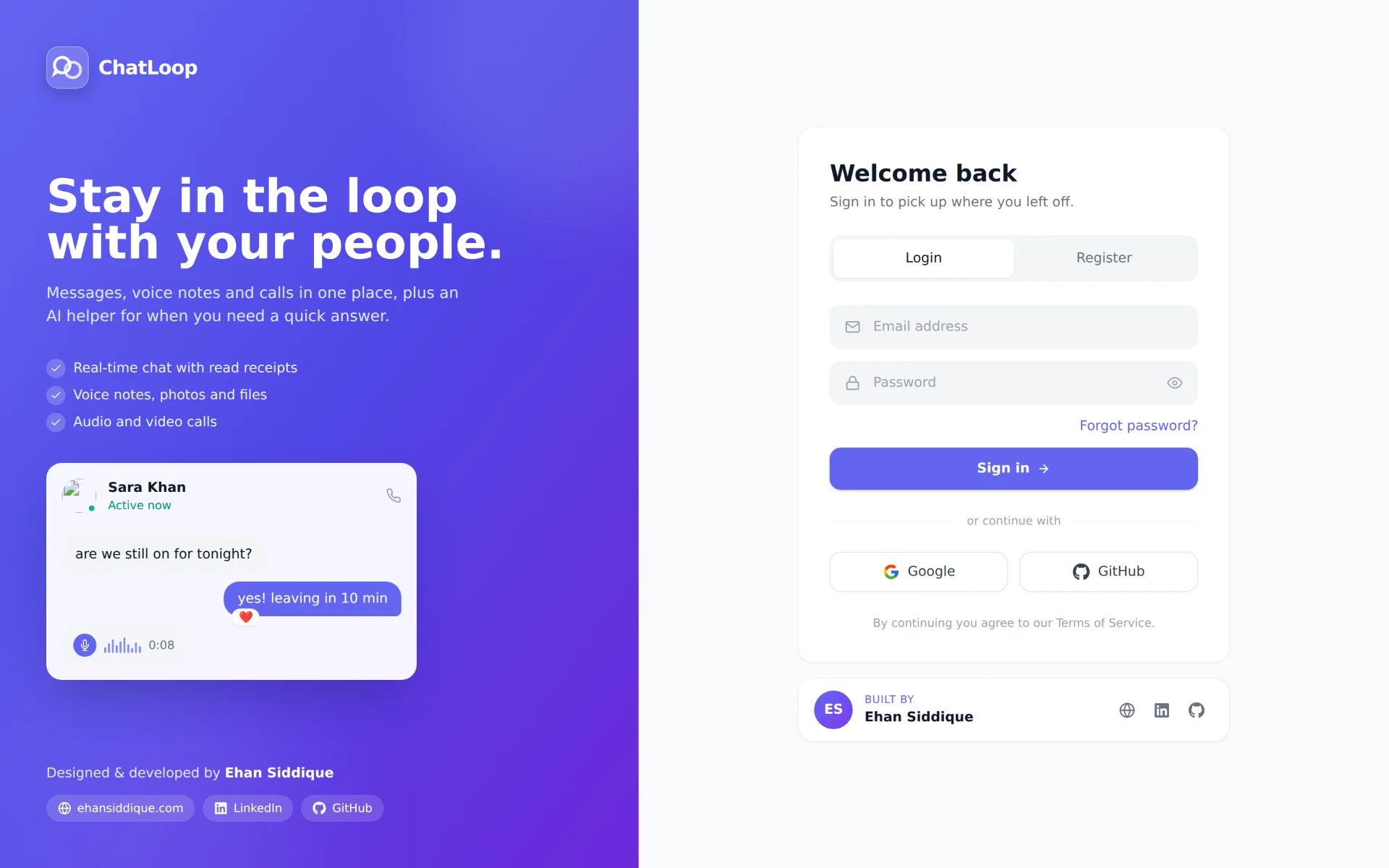 ChatLoop — Real-Time Chat Application by Ehan Siddique screenshot 1