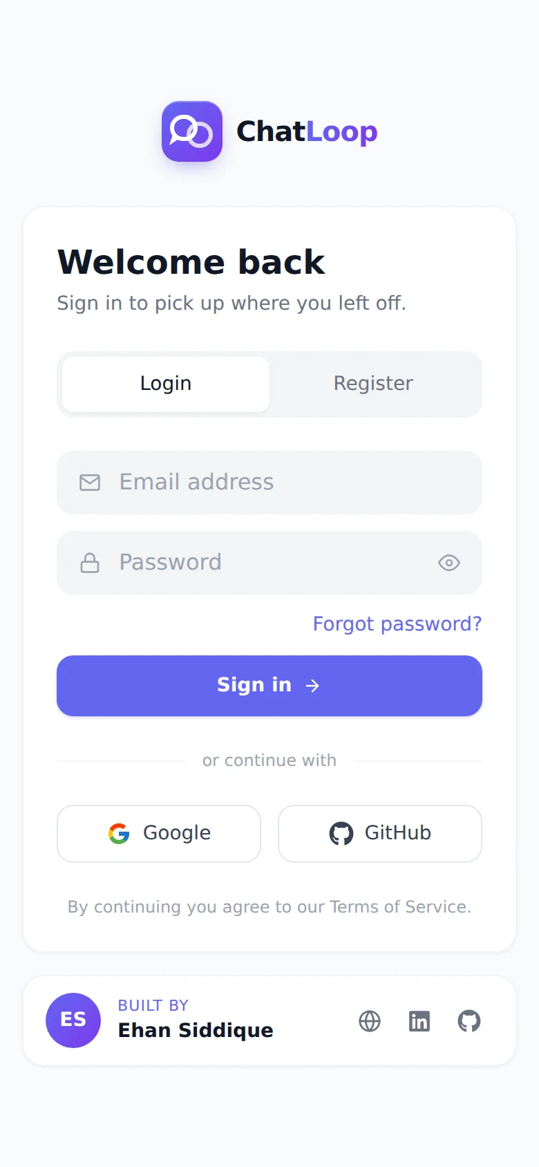 ChatLoop — Real-Time Chat Application by Ehan Siddique screenshot 2