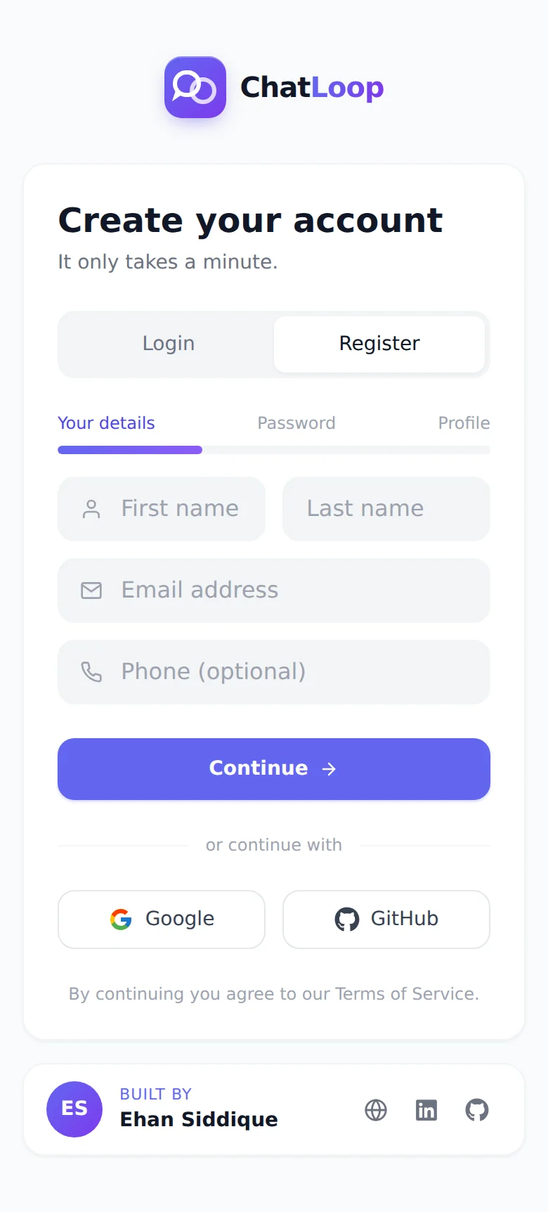 ChatLoop — Real-Time Chat Application by Ehan Siddique screenshot 3